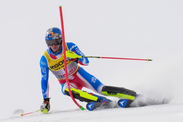 France's Clement Noel competes in the first run of the men's slalom