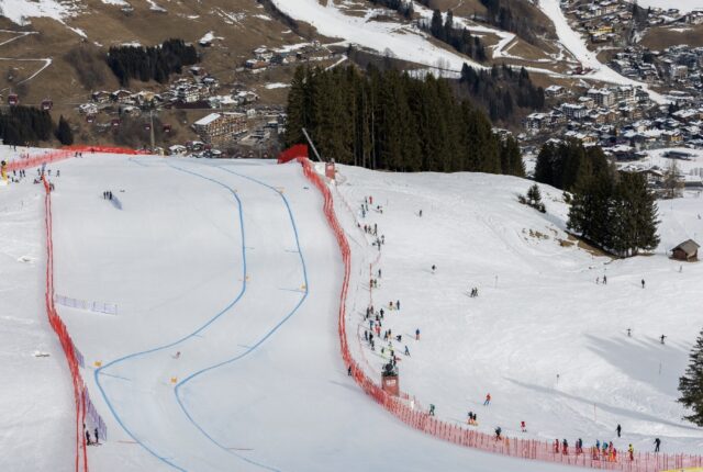 France's Karen Clement heads downhill on an artificial piste in the World Championships at