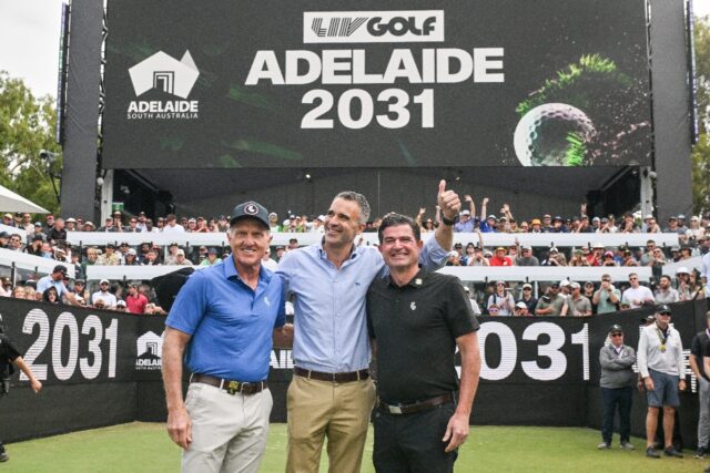 Greg Norman (L), South Australia's Premier Peter Malinauskas (C), and LIV Golf CEO Scott O