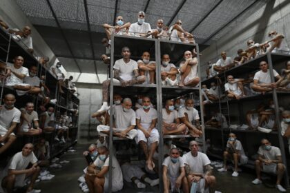 Inmates crowd a large cell at El Salvador's Terrorism Confinement Center (CECOT) mega-pris