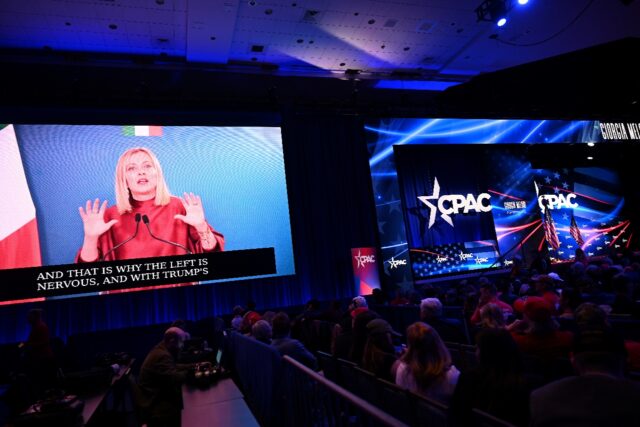 Italian Prime Minister Giorgia Meloni speaks via videolink to the Conservative Political A