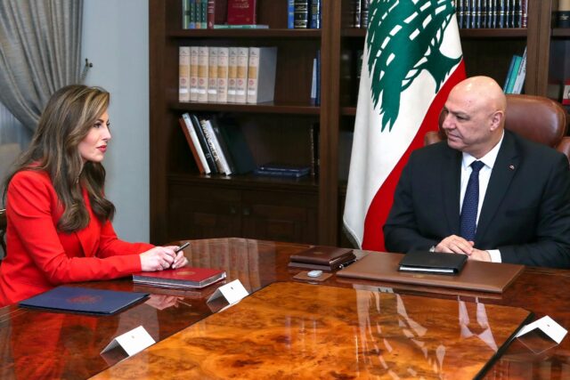 Lebanese President Joseph Aoun (R) meets with US deputy special envoy to the Middle East M