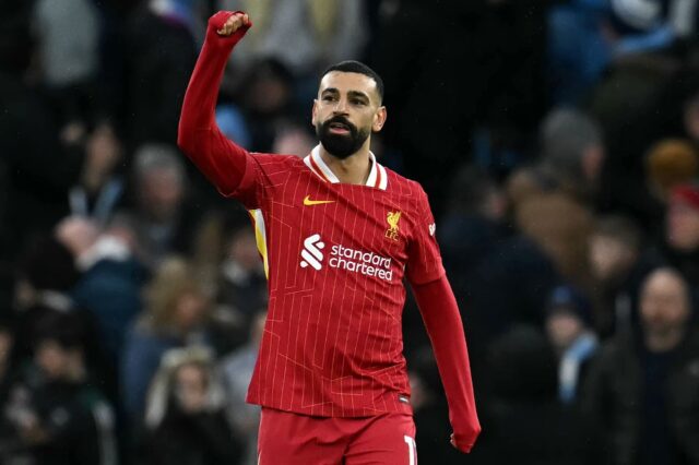 Liverpool forward Mohamed Salah celebrates scoring against Manchester City