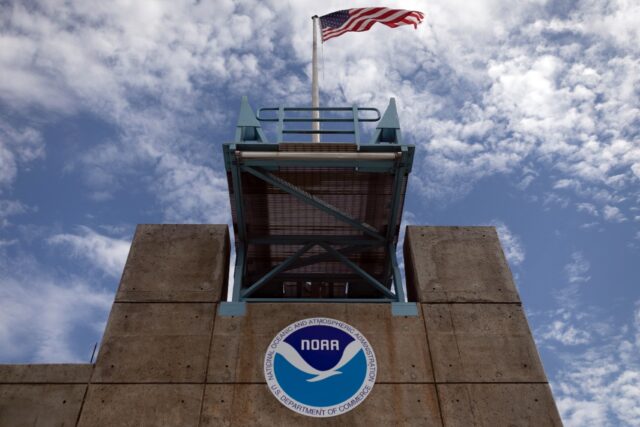 The logo of National Oceanic and Atmospheric Administration (NOAA) is seen at the National