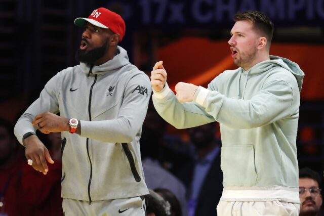 New Los Angeles Lakers teammates Luka Doncic, right, and LeBron James, left, are set to pr