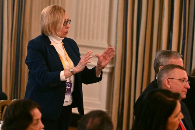 Maine Governor Janet Mills speaks during a gathering of governors at the White House with