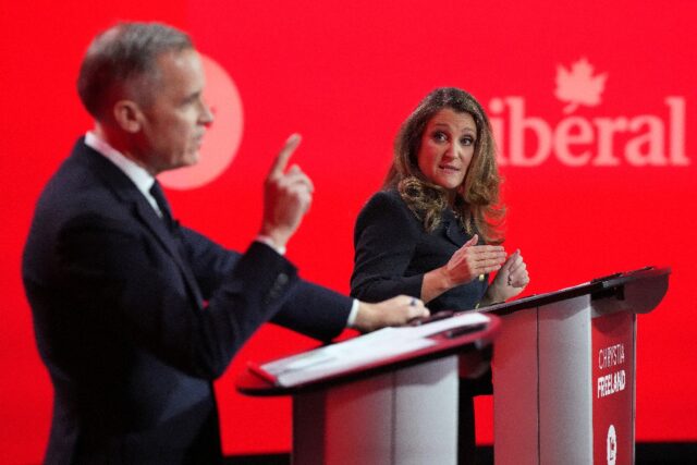 (L-R) Mark Carney, former Governor of the Bank of Canada; and Chrystia Freeland, former Fi