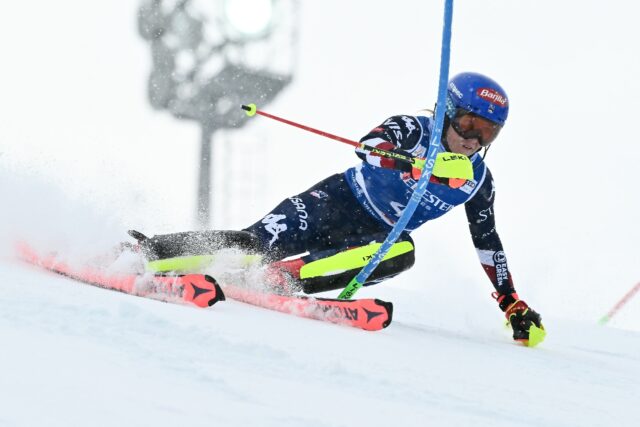 Mikaela Shiffrin held the lead after the first run of the slalom in Sestriere as she bids