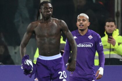 Moise Kean celebrates as he takes his Serie A tally to 15 goals this season