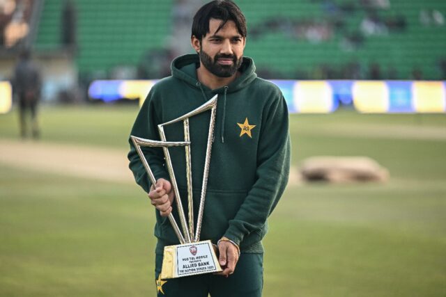 Pakistan captain Mohammad Rizwan at the newly renovated Gaddafi Stadium in Lahore, one of