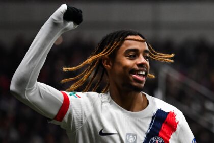 Paris Saint-Germain's French forward Bradley Barcola celebrates after scoring his team's s