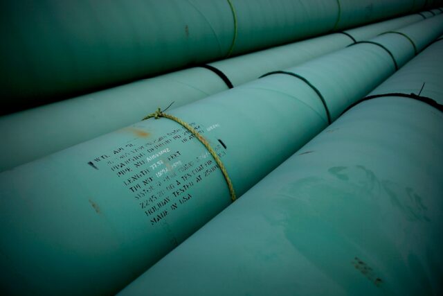 Pipes are stacked at the southern site of the Keystone XL pipeline in Cushing, Oklahoma in