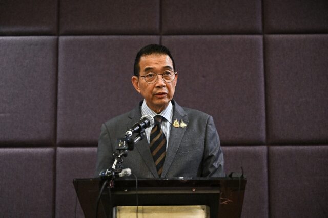 Thailand's Foreign Minister Maris Sangiampongsa addresses the media after meeting with Chi