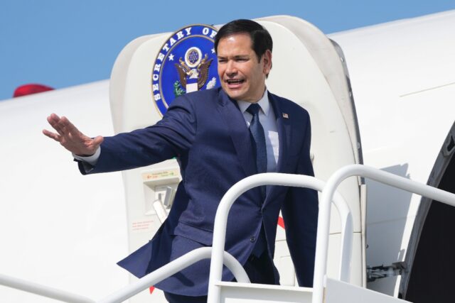 Top US diplomat Marco Rubio, pictured here leaving Panama for El Salvador, is advocating P