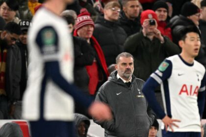 Tottenham's 4-0 defeat to Liverpool upped the pressure on boss Ange Postecoglou (centre)