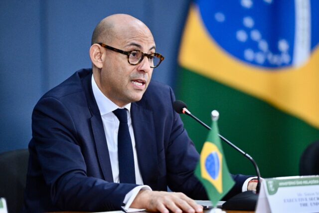 UN Climate Change Executive Secretary Simon Stiell delivers a statement at Rio Branco Inst