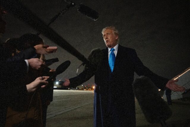 US President Donald Trump speaks to the press upon arrival at Joint Base Andrews in Maryla