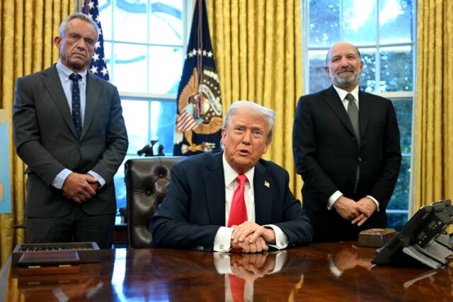 US President Donald Trump speaks to the press alongside Secretary of Health and Human Serv