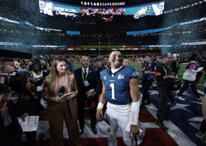Eagles quarterback Jalen Hurts, fresh off Super Bowl MVP, yet to arrive