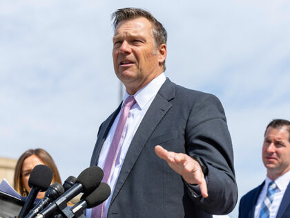 Kansas Attorney General Kris Kobach speaks to the media, March 26, 2024, in Washington. A