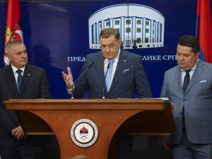 Bosnian Serb President Milorad Dodik, center, speaks during a news conference with Prime M