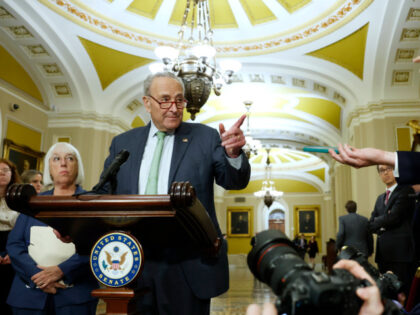 Senate Majority Leader Chuck Schumer (D-NY) speaks alongside Sen. Patty Murray (D-WA) duri