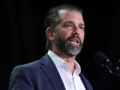 Donald Trump Jr., speaks at a campaign rally with Republican presidential nominee former P