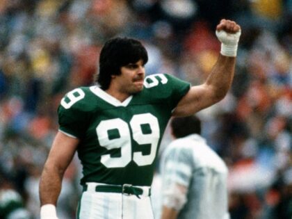 UNSPECIFIED - CIRCA 1986: Defensive end Mark Gastineau #99 celebrates during an NFL footba