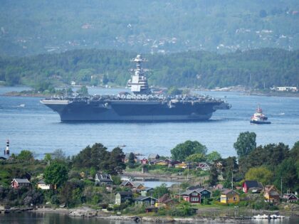 The 337-metre (1,106-foot) USS Gerald R. Ford aircraft carrier of the US Navy is seen in t