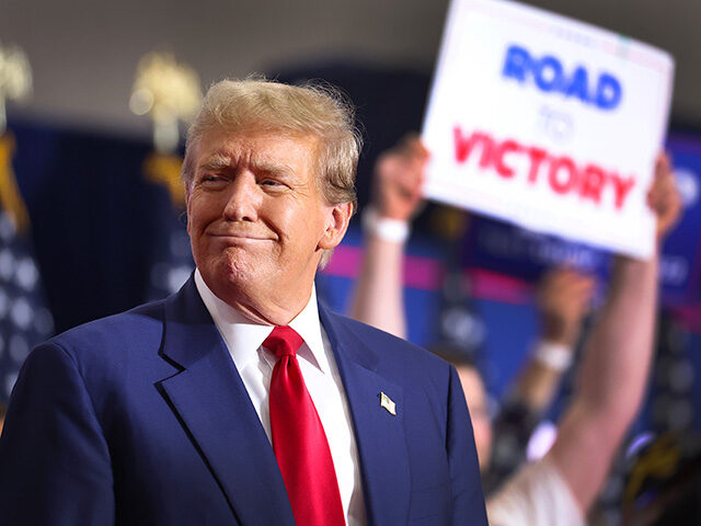 Former President Donald Trump speaks to guests at a rally on April 02, 2024 in Green Bay,