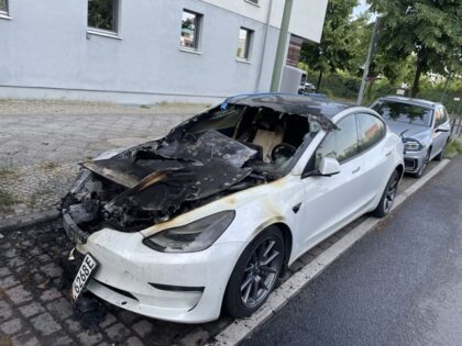 BERLIN, GERMANY - JUNE 18: A view of burnt Tesla car as German police investigate possible