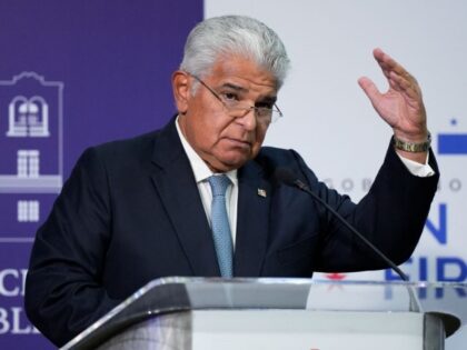 Panama's President Jose Raul Mulino speaks during a press conference after a meeting with