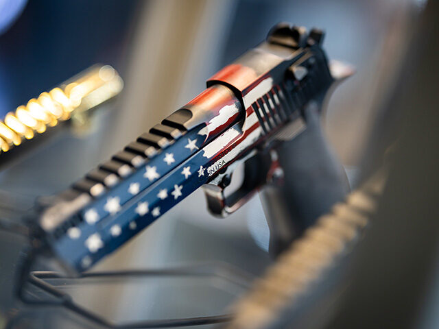 A handgun from the Pillager series by US firearms manufacturer Magnum Research is on displ