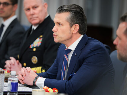 U.S. Secretary of Defense Pete Hegseth speaks with Saudi Minister of Defense Khalid bin Sa