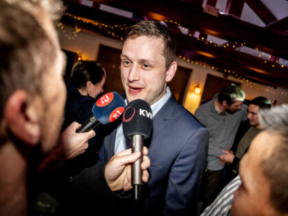 Chairman of Demokraatit, Jens-Frederik Nielsen talks to the media during the election part