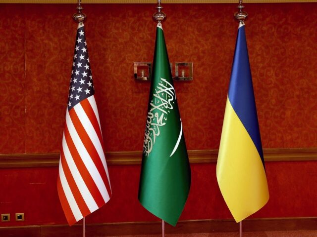 GettyImages-2204479826 JEDDAH, SAUDI ARABIA- March 11: The flag of Saudi Arabia is seen in the middle between the