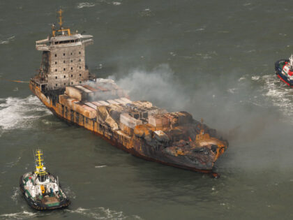 AT SEA, ENGLAND - MARCH 11: An aerial view as smoke billows from the MV Solong cargo ship