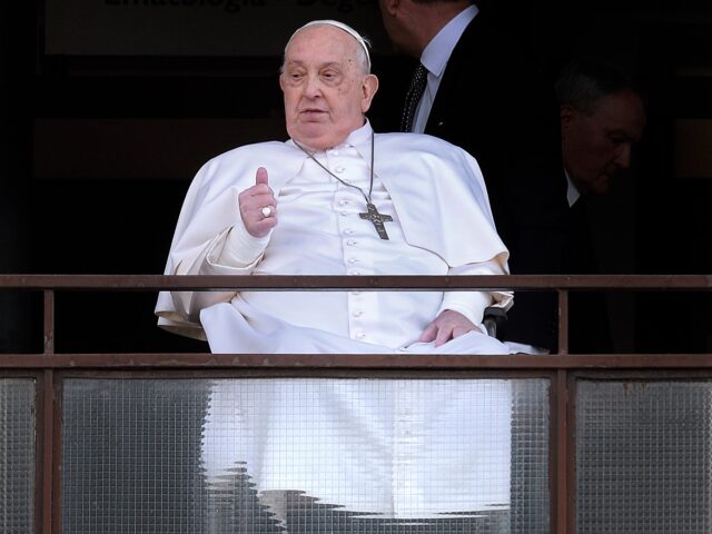 Pope Francis greets and blesses the faithful from the balcony of Policlinico Gemelli befor