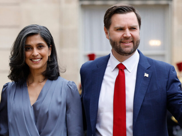 US Vice President J.D. Vance (R) and his wife Usha Vance arrive for a working lunch with t