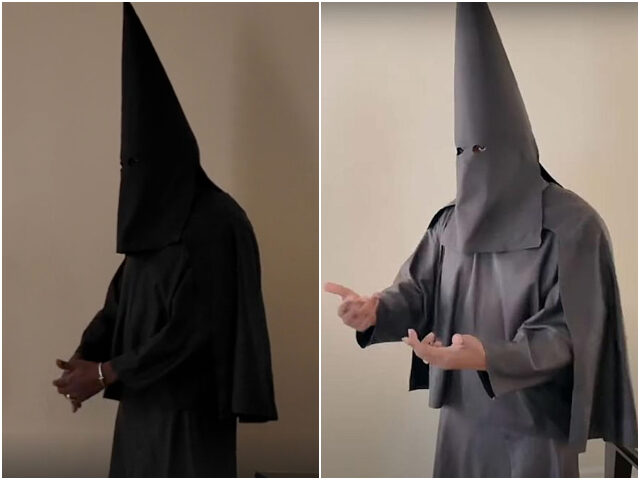 Kanye Kanye West wears a black KKK outfit during an interview with DJ Akademiks (DJ Akademiks/Ru