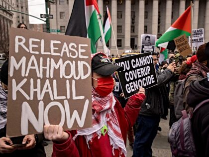 Protestors rally in support of Mahmoud Khalil outside of the Thurgood Marshall US Courthou