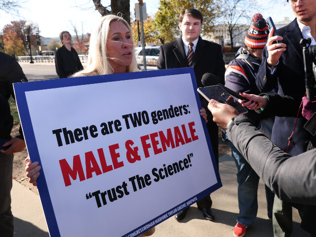 Rep. Marjorie Taylor Greene (R-GA) attends a rally outside the U.S. Supreme Court as the h