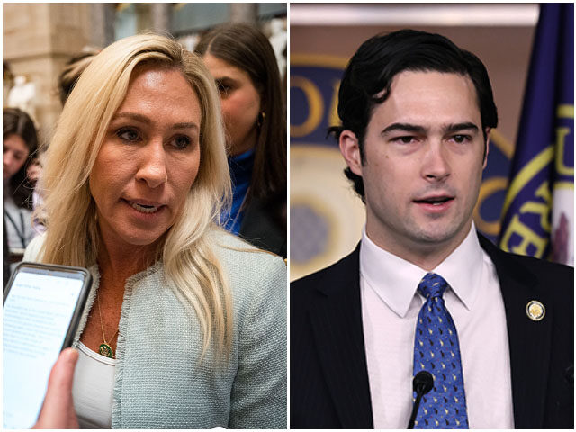 Marjorie Taylor Greene, Brandon Gill Rep. Marjorie Taylor Greene (R-GA) speaks with reporters after departing a meeting between