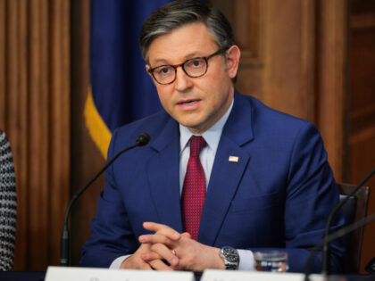 U.S. Speaker of the House Mike Johnson (R-LA) speaks during a roundtable discussion on the