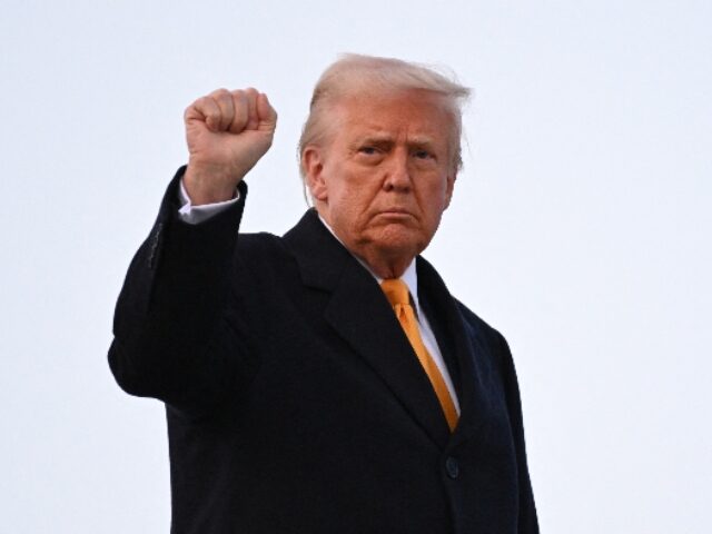 US President Donald Trump pumps his fist as he boards Air Force One at Joint Base Andrews