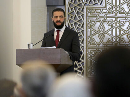 DAMASCUS, SYRIA - FEBRUARY 25: Syrian President Ahmed al-Sharaa holds a speech at the Nati