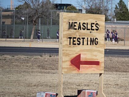 SEMINOLE, TEXAS - FEBRUARY 27: Signs point the way to measles testing in the parking lot o