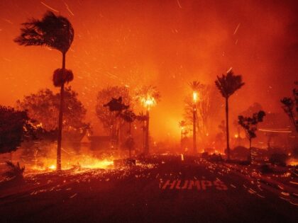 The Palisades Fire ravages a neighborhood amid high winds in the Pacific Palisades neighbo