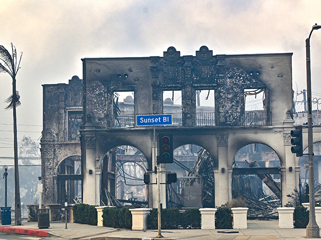 palisades-fire-sunset-getty PCIFIC PALISADES, CA - January 08: A burned building on Sunset Boulevard during the Palisa