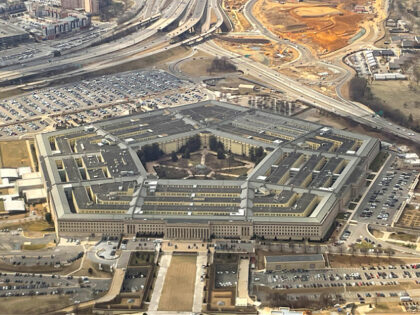 The Pentagon is seen in this aerial view through an airplane window in Washington on Thurs